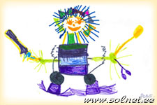 Автор рисунка: Dasha; 5 let; Tallinn, Estonia; робот-девочка с мечом и шариком, качалки-лыжи собираются, если нажать кнопки на пульте